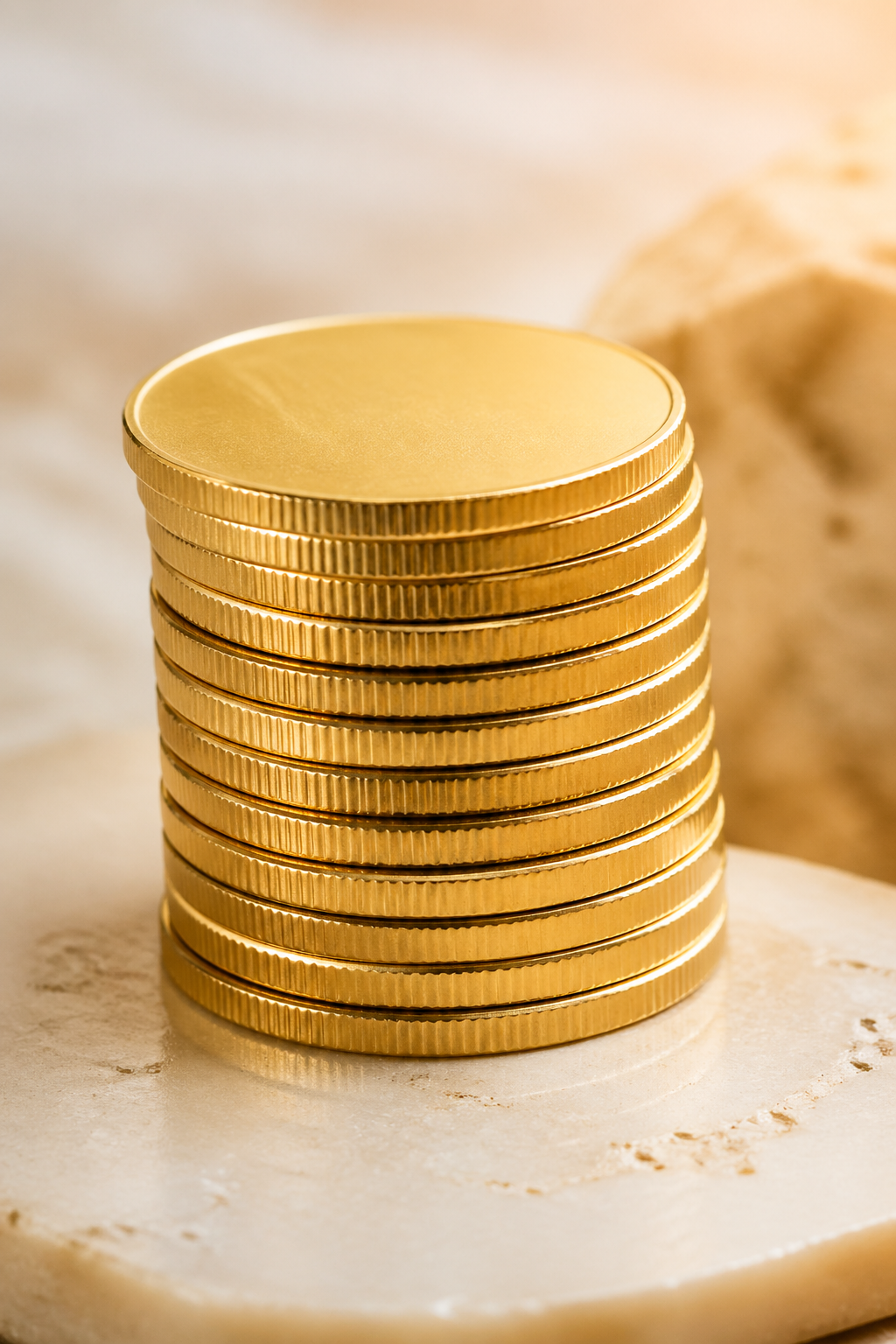 product shot · stack of 1oz gold coins, macro detail, warm rim light